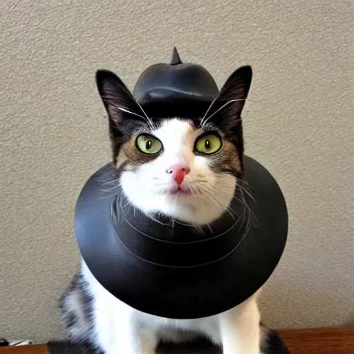 Image similar to a cat wearing a black leather hat, frontal view, cool looking