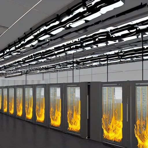 Image similar to a painting of inside of a high end data center that's caught fire!!!!!!!, fire on data center