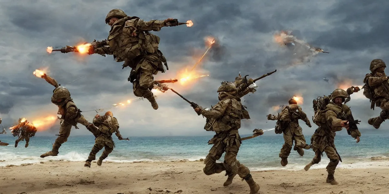 Image similar to fantasy soldiers jumping onto beach from landing craft, explosions and magic, cinematic