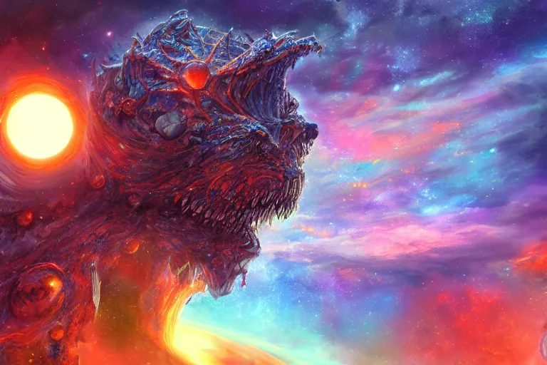 Image similar to a cosmic monster eating the sun, digital painting, mixed media, trending on artstation and deviantart, epic composition, highly detailed, 8 k