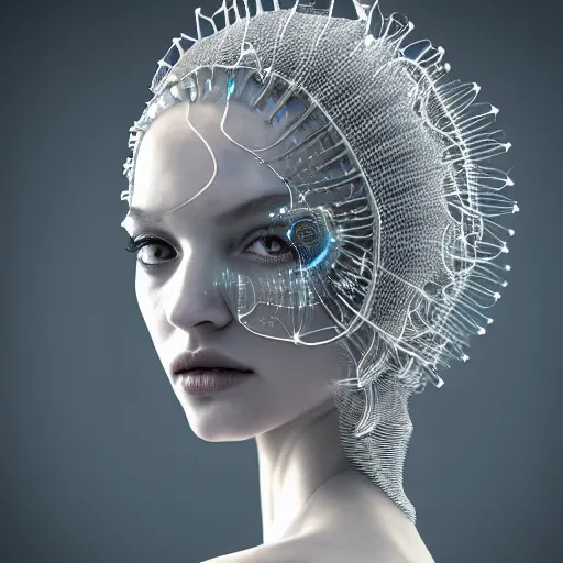 Image similar to closeup portrait of an absurdly beautiful, graceful, sophisticated, fashionable cyberpunk mechanoid gravure idol, an ultrafine hyperdetailed illustration by irakli nadar, matt wisniewski style, intricate linework, porcelain skin, iridescent jellyfish headdress, fractal ivory carved ruff, unreal engine 5 highly rendered, global illumination, radiant light, detailed and intricate environment