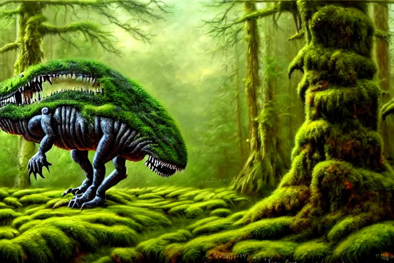 Prompt: highly detailed oil painting of a mossy tire sculpture of a tyrannosaurus in the forest, featured on pixiv