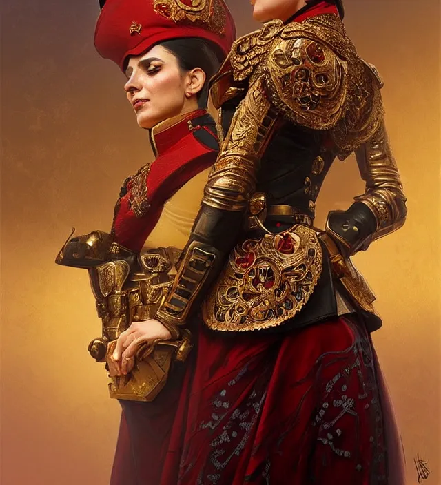 Image similar to portrait of a turkish woman wearing a traditional nineteenth century ottoman empire military uniform, metal shoulder pauldrons, intricate, highly detailed, digital painting, artstation, concept art, sharp focus, cinematic lighting, illustration, art by artgerm and greg rutkowski, alphonse mucha, cgsociety