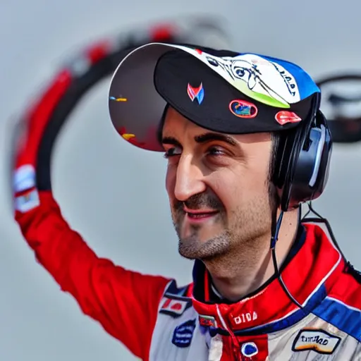 Image similar to Robert Kubica in a colorful helicopter hat with a little rotor on top