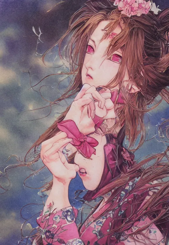 Prompt: aerith gainsborough, watercolor painting, full - body, ukiyo - e, nouveau, concept art, 8 0's fantasy art, yoshitaka amano, highly detailed, intricate, trending on artstation, award - winning