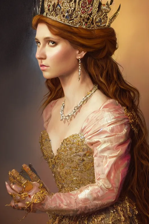 Prompt: portrait of an princess, painting by michael wellen, john stephens, in a resplendent throneroom, tone mapping, trending on artstation