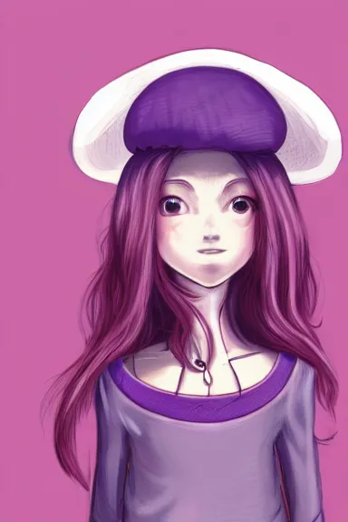 Image similar to a little girl wearing a mushroom hat in dress sitting | | purple curvy hair, pretty face, fine details, digial art by lois van baarle, anatomically correct, perfect composition, symmetrical, fantastic, clean details, anime character, extremely detailed