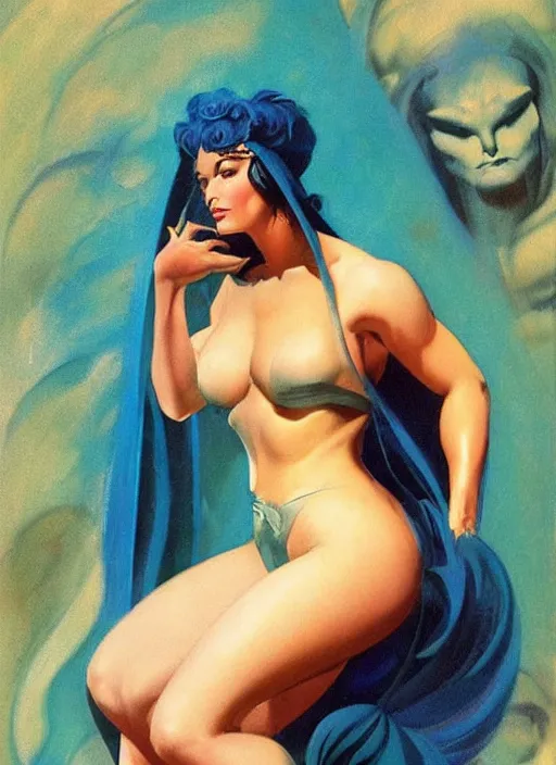 Image similar to portrait of plump norse goddess of the moon, teal robe and veil, strong line, deep color, beautiful! coherent! by frank frazetta, by boris vallejo