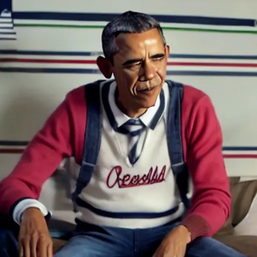 Image similar to riverdale still of obama wearing suspenders, a white varsity sweater with a varsity letter r, and a propeller cap, cap with a propeller on it, propeller hat