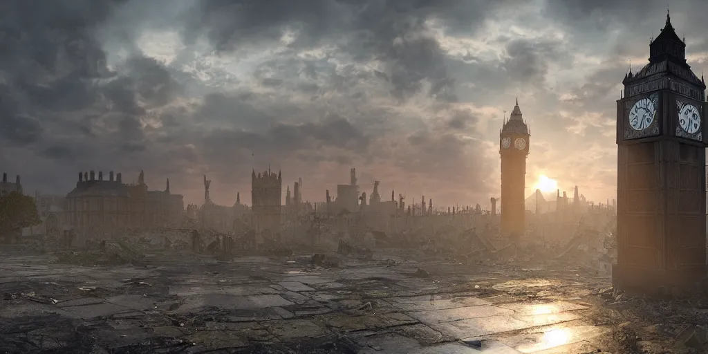 Image similar to a destroyed clock tower in a destroyed London at sunrise, ruins, clouds in the sky, concept art, octane render, unreal engine 5, trending on Artstation, high quality, 8K, soft lighting, highly detailed, trending on DeviantArt, mossy, apocaliptic, serene landscape, beautiful, cgsociety