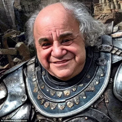 Image similar to last selfie taken by, a tolkien dwarf, resembling Danny Devito wearing metal Armour that is smiling, in combat, apocalyptic, smoldering ruins