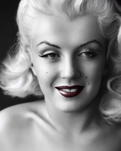 Prompt: Beautiful Head and shoulders portrait of smiling flirty Marilyn monroe with platinum blonde hair, wearing a camisole by alberto Vargas, arney freytag, artstation, 35mm, fashion photoshoot, laying on a bed in a photo studio, golden hour, bokeh, rim lighting, fashion pose, octane, 4k