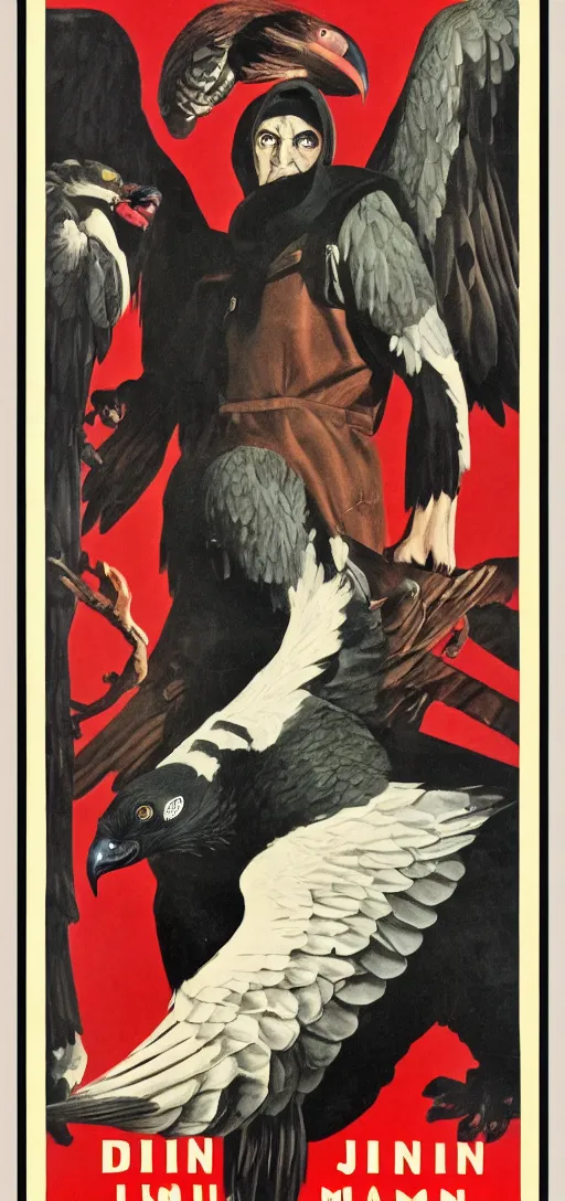 Prompt: mistery man in hood and red eyes with a dager, and a vulture, 1940s propaganda poster, full hd,highly detailed