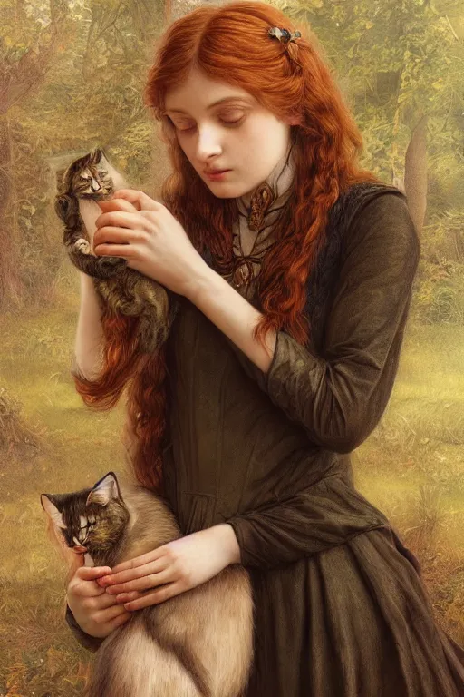 Prompt: A extremely beautiful pre-raphaelite portrait of a cute witch and her cat, surreal, ultradetailed, intricate, elegant, lithe, detailed, digital painting, artstation, concept art, smooth, sharp focus, illustration, ethereal, regal, award winning picture, extremely detailed masterpiece