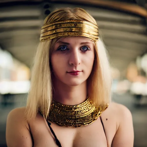 Prompt: an extremely beautiful!!!! young blonde woman with symmetric face. sensual. wearing a cosplay of slave leia in a star wars convention. petzval lens. shallow depth of field. on flickr, award winning. ethnographic portraiture photograph