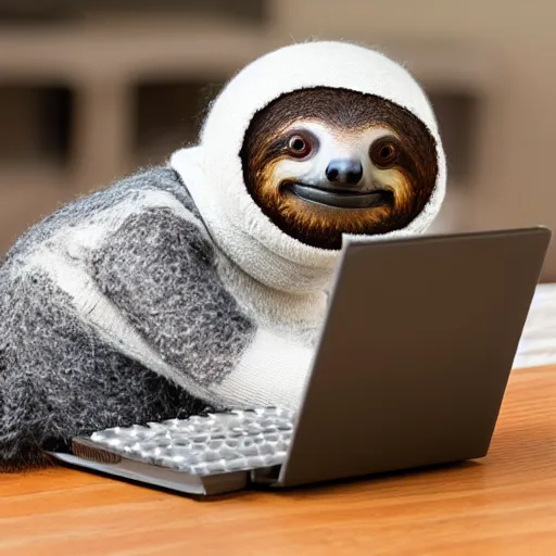 Image similar to photo of a cute sloth typing on a computer ando wearing a wool hat