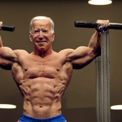 Prompt: cinematic shot of muscular shirtless Joe Biden lifting weights in a gym, 8k, dslr, very detailed, very intricate, depth of field,