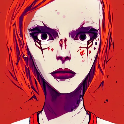 Image similar to Highly detailed portrait of pretty punk zombie young lady with, freckles and beautiful hair by Atey Ghailan, by Loish, by Bryan Lee O'Malley, by Cliff Chiang, inspired by image comics, inspired by graphic novel cover art, inspired by izombie, inspired by scott pilgrim !! Gradient red, black and white color scheme ((grafitti tag brick wall background)), trending on artstation