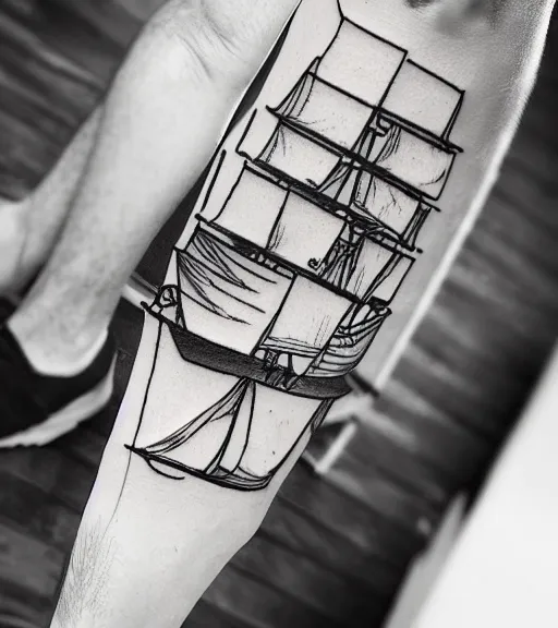 Prompt: A realistic tattoo design sketch of a pirate ship, white background, black and white, highly detailed tattoo, shaded tattoo