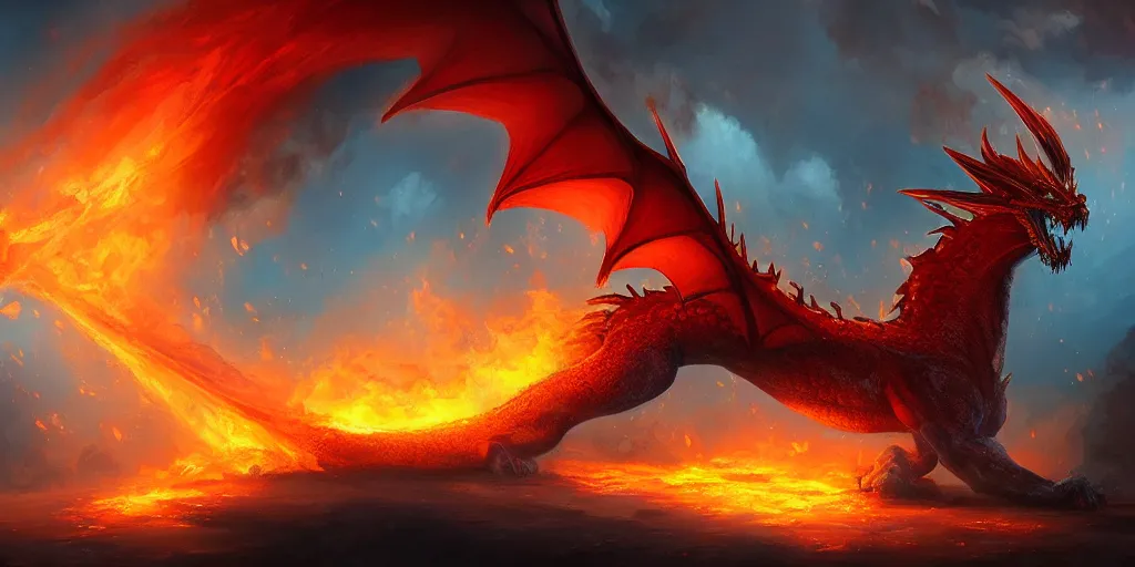 Image similar to digital painting, fire dragon, fantasy landscape, detailed lighting, high quality, sharp focus, intricate, artstation, 4k