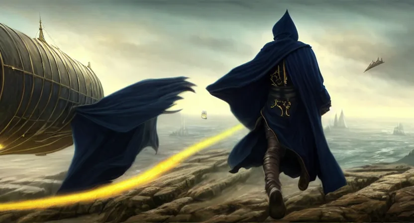 Prompt: handsome mage running away from giant airship, black hair wearing square hooded gothic navy cloak with gold details, cliffside town, movie action still frame, ultra wide horizon, intricate, elegant, highly detailed, hyperrealism, digital painting, concept art, smooth, sharp, focus, illustration, art by artgerm, greg rutkowski, ilya kuvshinov