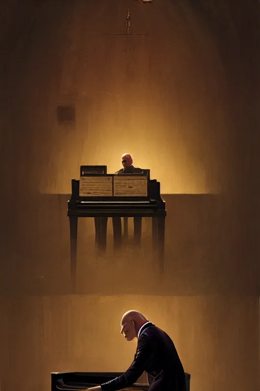 Prompt: an expressive portrait of agent 4 7 playing the piano in a monastery, dark background, red rim light, digital art, artstation, concept art by giger stalenhag