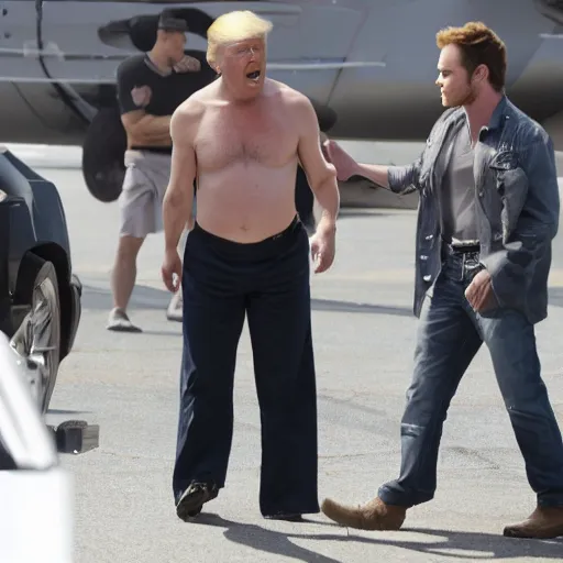 Prompt: donald trump with no shirt feeding chris pratt while slapping his bottom