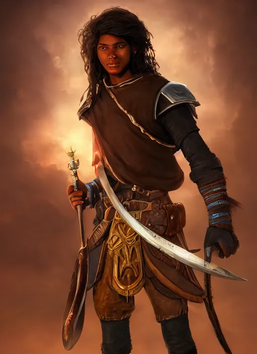 Image similar to An epic fantasy comic book style portrait painting of a young dark skinned long haired boy peasant with intelligent eyes in the style of the wheel of time, unreal 5, DAZ, hyperrealistic, octane render, cosplay, RPG portrait, dynamic lighting