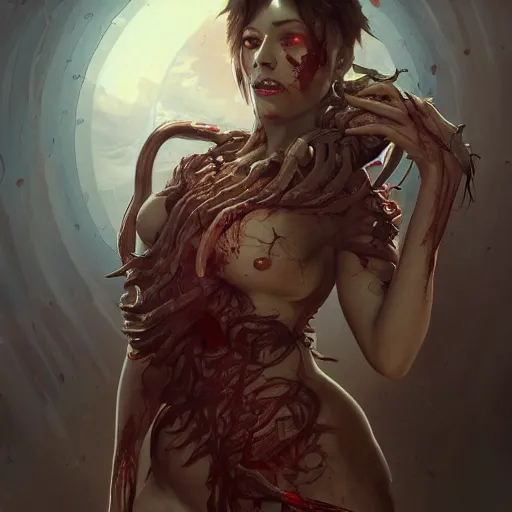 Prompt: a pc made out of flesh, gaming pc case, skin on the gaming pc, skinned alive, blood, teeth, intricate, highly detailed, digital painting, artstation, concept art, smooth, sharp focus, illustration, art by artgerm and greg rutkowski and alphonse mucha