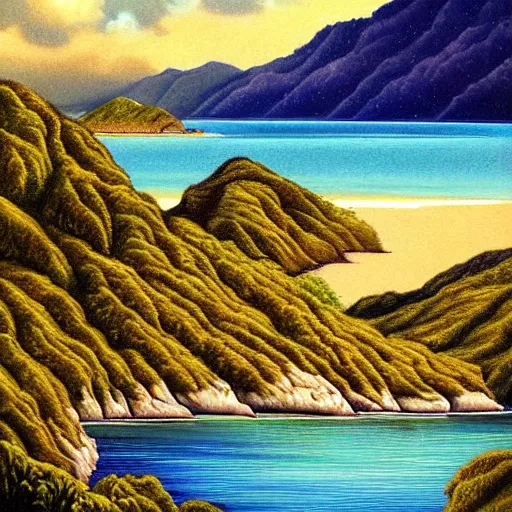 Image similar to golden bay abel tasman new zealand, rococo art style, highly detailed, highly detailed ethereal surrealist art