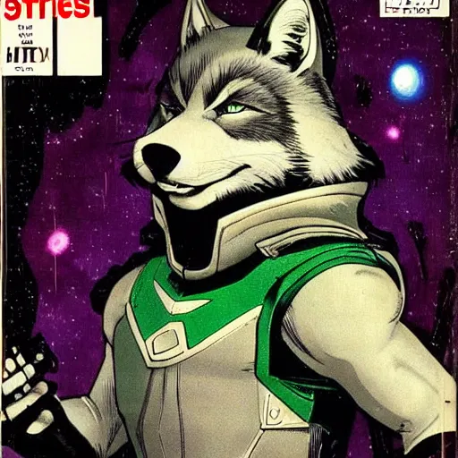 Image similar to 1 9 8 0 s comic book cover scan featuring a portrait of villain male wolf o'donnell anthropomorphic wolf furry fursona from starfox wearing a dark space mercenary uniform, dark grey wolf, handsome eyes, wolf o'donnell