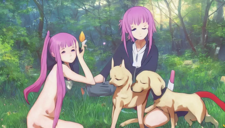 Image similar to Rem from Zero Two petting a dog in the forest. Beautiful anime lush forest background. Golden hour. Trending on art station