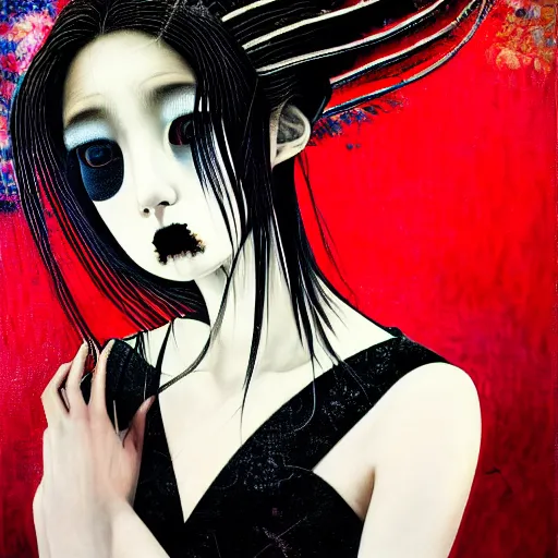 Prompt: yoshitaka amano blurred and dreamy realistic three quarter angle portrait of a beautiful young woman with black lipstick and black eyes wearing dress suit with tie, junji ito abstract patterns in the background, satoshi kon anime, noisy film grain effect, highly detailed, renaissance oil painting, weird portrait angle, blurred lost edges