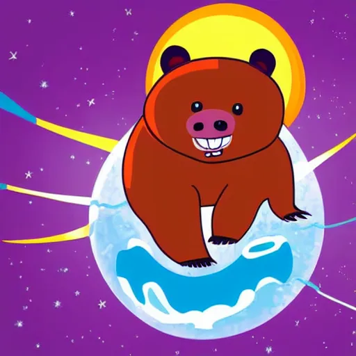 Prompt: cartoon animated illustration of a bear mascot being launched from a futuristic marble planet, purple and orange cloudland