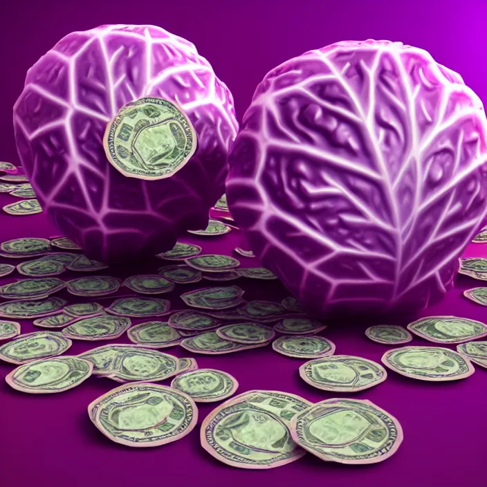 Image similar to high quality 3 d render very cute cabbages money dollar! party! highly detailed, unreal engine cinematic smooth, moody purple glow light, low angle, uhd 8 k, sharp focus