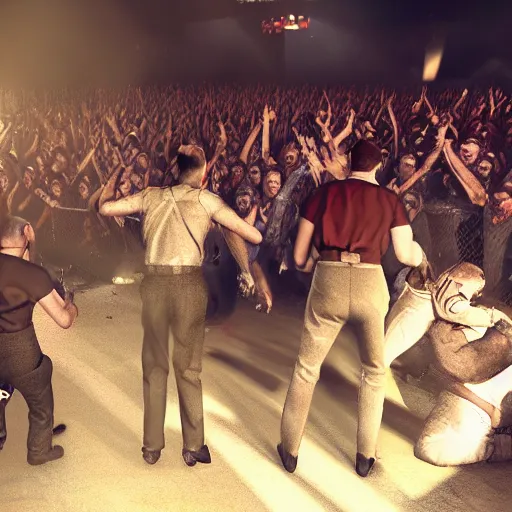 Prompt: adolf hitler and joseph stalin in a mosh pit at a metal concert, volumetric cinematic perfect light, detailed, sony a 7 r, photorealistic, octane render, unreal engine 5, 8 k