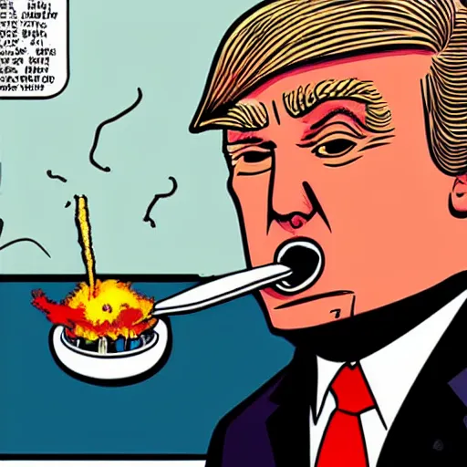 Image similar to close - up portrait of donald trump eating a nuclear bomb, by chris ware