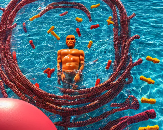 Prompt: a long shot of a giant award winning sculpture of a human head made out of pool toys, on the surface of the ocean, in the style of chad knight, hyper detailed, hyper realistic, ray tracing, 8 k resolution, sharp focus, realistic water