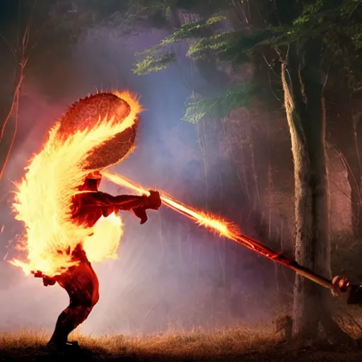 Prompt: Flaming sword illuminates a forest full of goblins a warrior is silhouetted in the centre