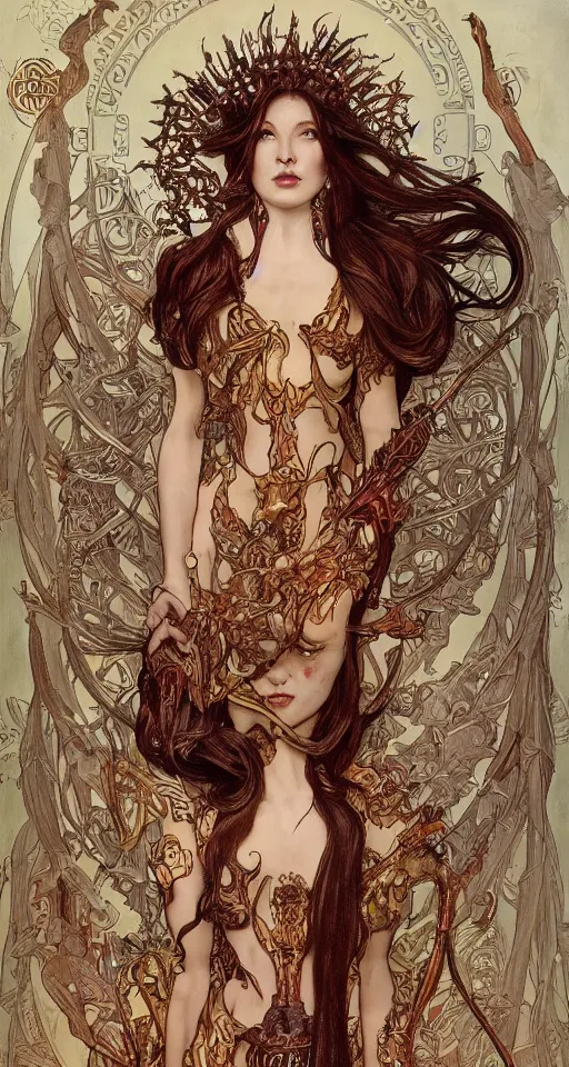 Image similar to 3/4 body portrait of the firedragon queen by artgerm and H R Giger and alphonse mucha, HD, full body dragon concept, flying dragon, Human body with dragon features, beautiful queen, perfect face, perfect body, 10/10 would dream again, fantasy, intricate, elegant, highly detailed, digital painting, artstation, concept art, smooth, sharp focus, illustration, ray tracing, 4k realistic 3d rendered portrait, soft shading, soft colors, relaxed colors, hyperdetailed, wide angle lens, fantasy, futuristic horror, armor style of giger