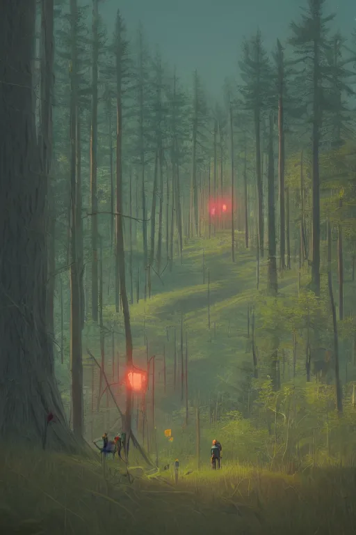 Prompt: Human, Simon Stalenhag in forest clearing style, trends on artstation, artstation HD, artstation, unreal engine, 4k, 8k