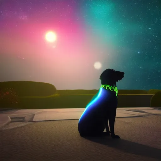 Prompt: render of dog at night, cosmic dog, galaxy coloured dog, rendered in unreal engine, artstation, colourful