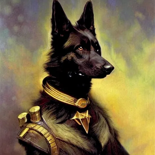 Image similar to a portrait of a black humanoid german shepard dogman canine star trek the next generation. highly detailed painting by gaston bussiere, craig mullins, j. c. leyendecker, furry