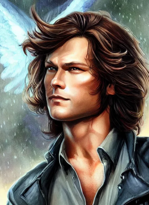 Image similar to handsome! Sam Winchester as a very masculine angel starring a urban fantasy romance book cover, D&D!, fantasy style, sharp focus!, ultra detailed, art by Artgerm and Peter Andrew Jones, WLUP