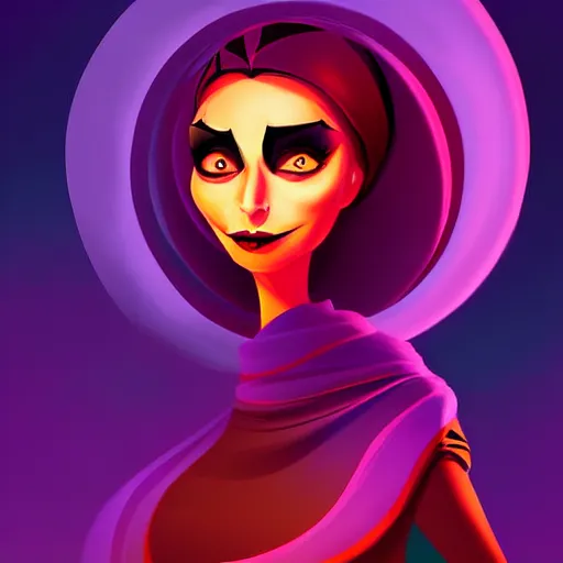 Image similar to curled perspective digital art of a dark hair woman wearing arab scarf by anton fadeev from nightmare before christmas