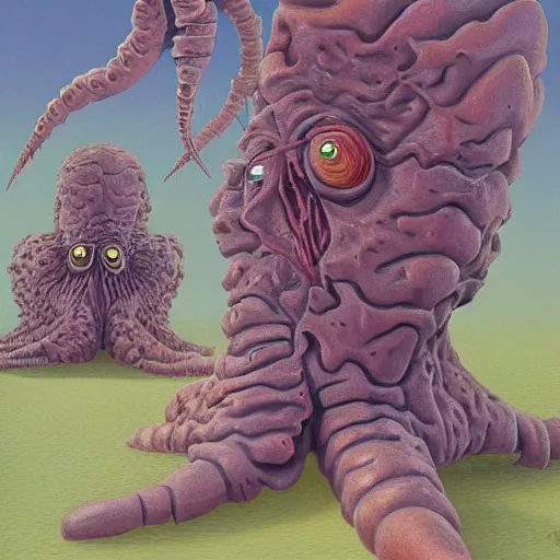 Image similar to painting of alien creatures that look like spongebob and patrick, in the style of wayne barlowe