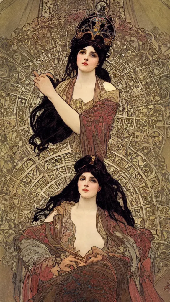 Image similar to portrait of a beautiful black haired woman with pale skin and a crown on her head sitted on an intricate metal throne, artwork by alphonse mucha