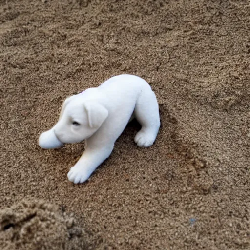 Prompt: a miniature white puppy action figure in the sand, with sunset, photo realistic, well detailed