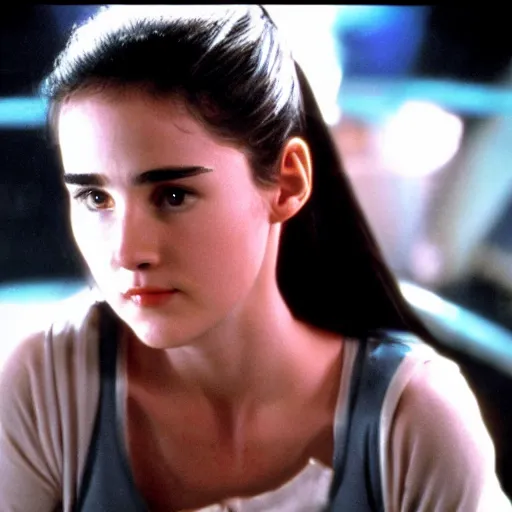 Prompt: young jennifer connelly in a science fiction movie, vapourware, 4 k