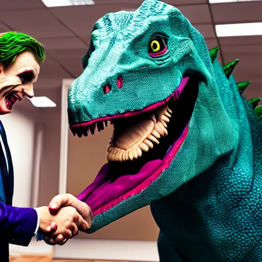 Image similar to The Joker shaking hands with an anthropomorphic dinosaur who is wearing a suit in an office, 8k, detailed,